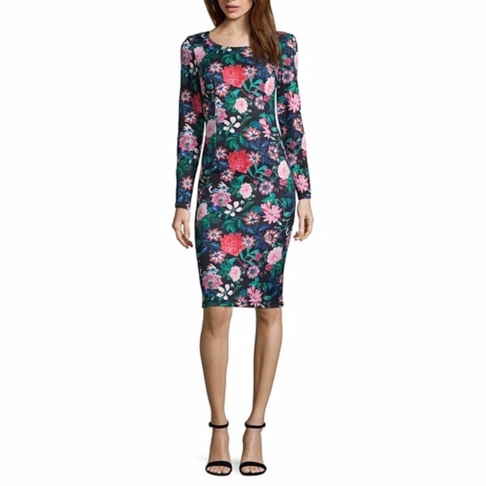 NEW Project Runway Colorful Floral Long Sleeve Scuba Bodycon Mini Dress SZ Small
